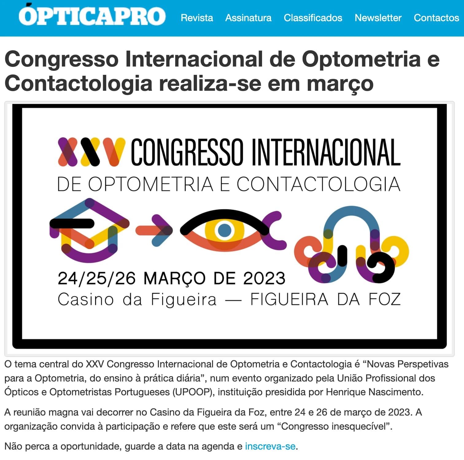 Congresso Internacional de Optometria e Contactologia realiza-se em março