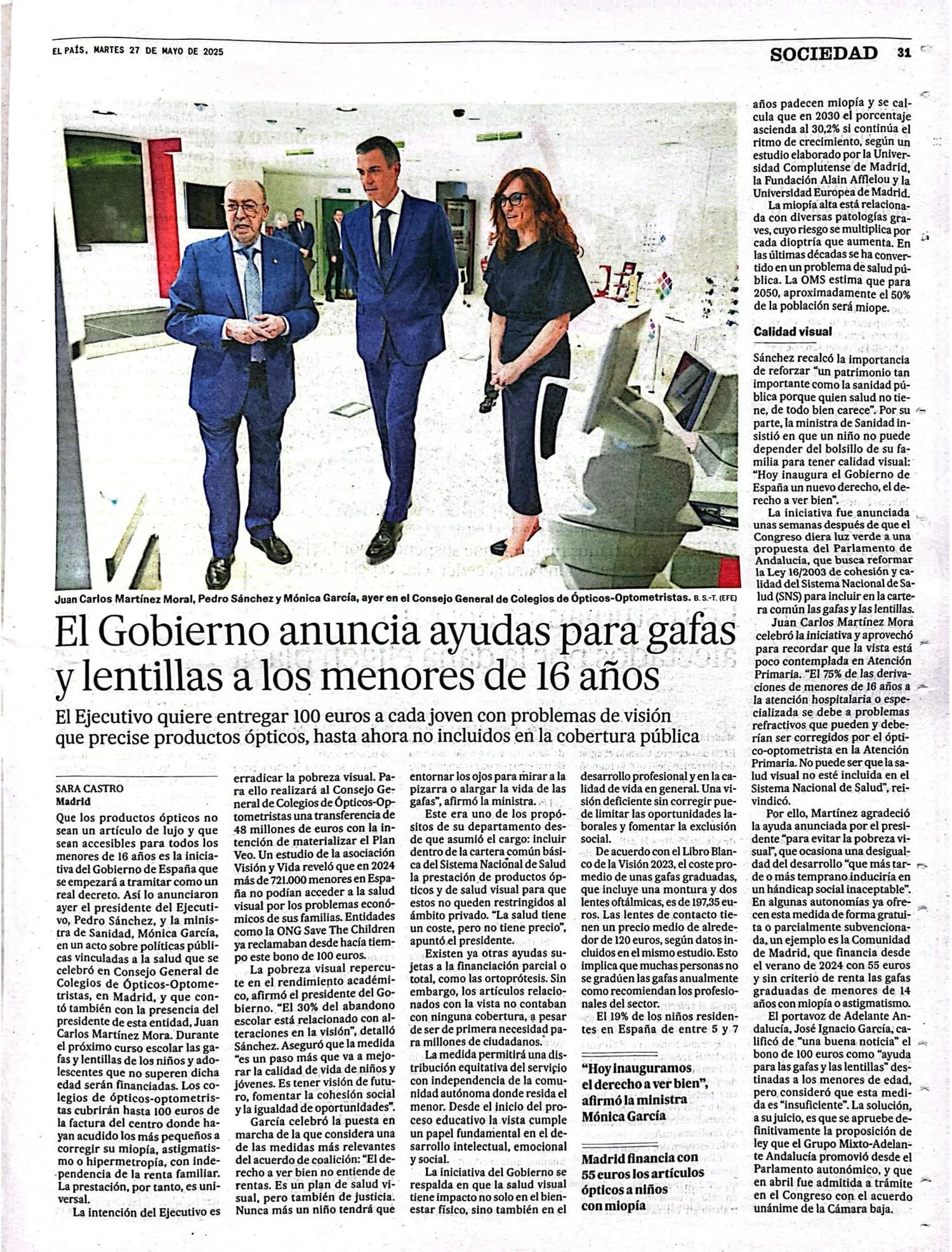 Pedro Sánchez anuncia apoio financeiro para óculos e lentes de contacto destinados a menores de 16 anos