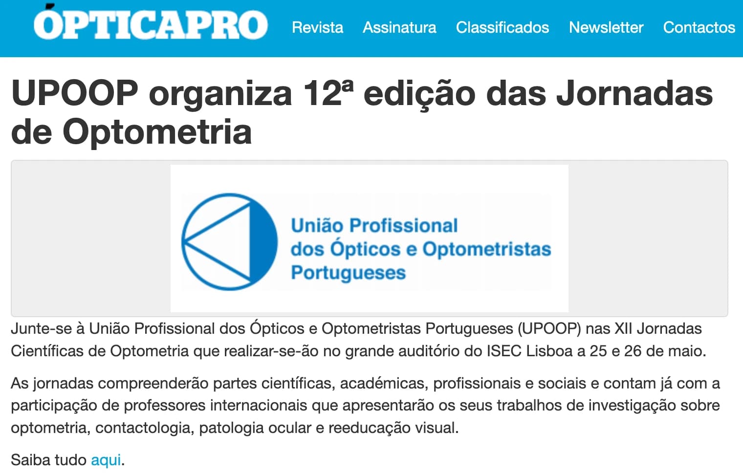 UPOOP organiza 12ª edição das Jornadas de Optometria