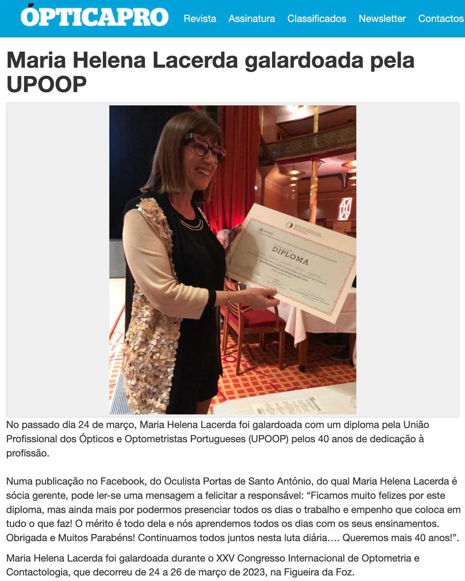 Maria Helena Lacerda galardoada pela UPOOP