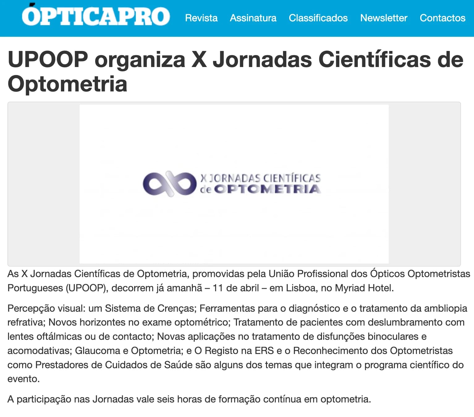 UPOOP organiza X Jornadas Científicas de Optometria