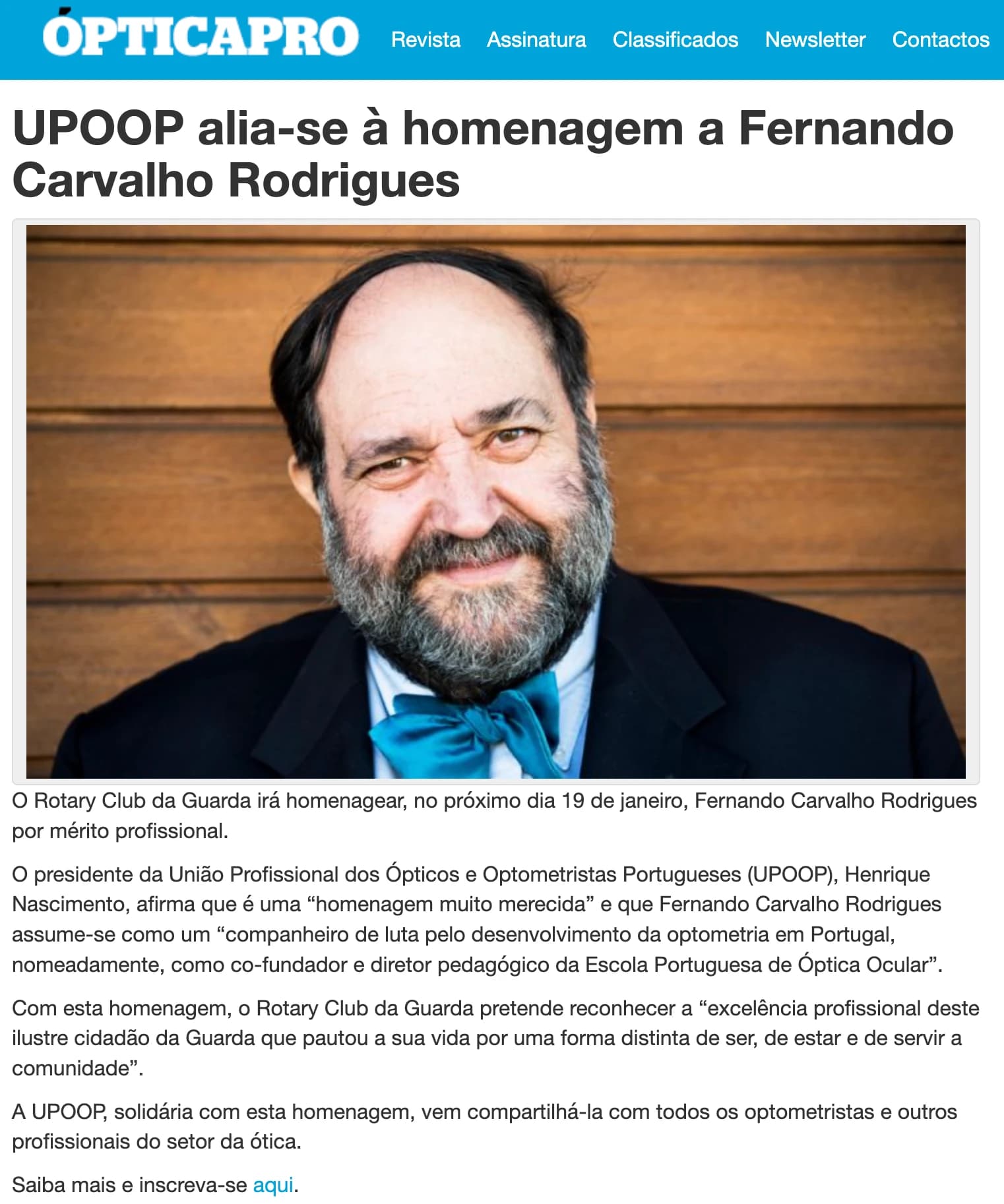UPOOP alia-se à homenagem a Fernando Carvalho Rodrigues