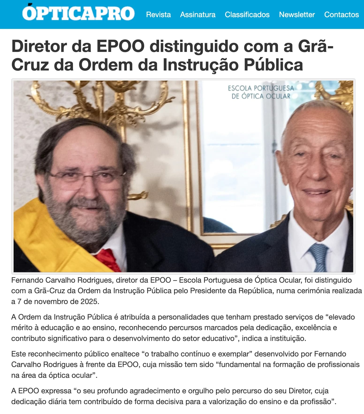 Diretor da EPOO distinguido com a Grã-Cruz da Ordem da Instrução Pública